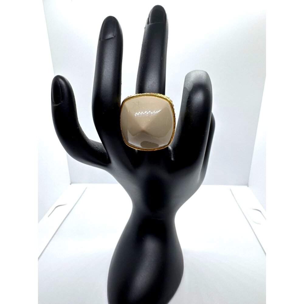 Gold Tone Square Dome Ring Tan Stone Pave' Crystal Sides Size 7 Statement Glam - Picture 2 of 10